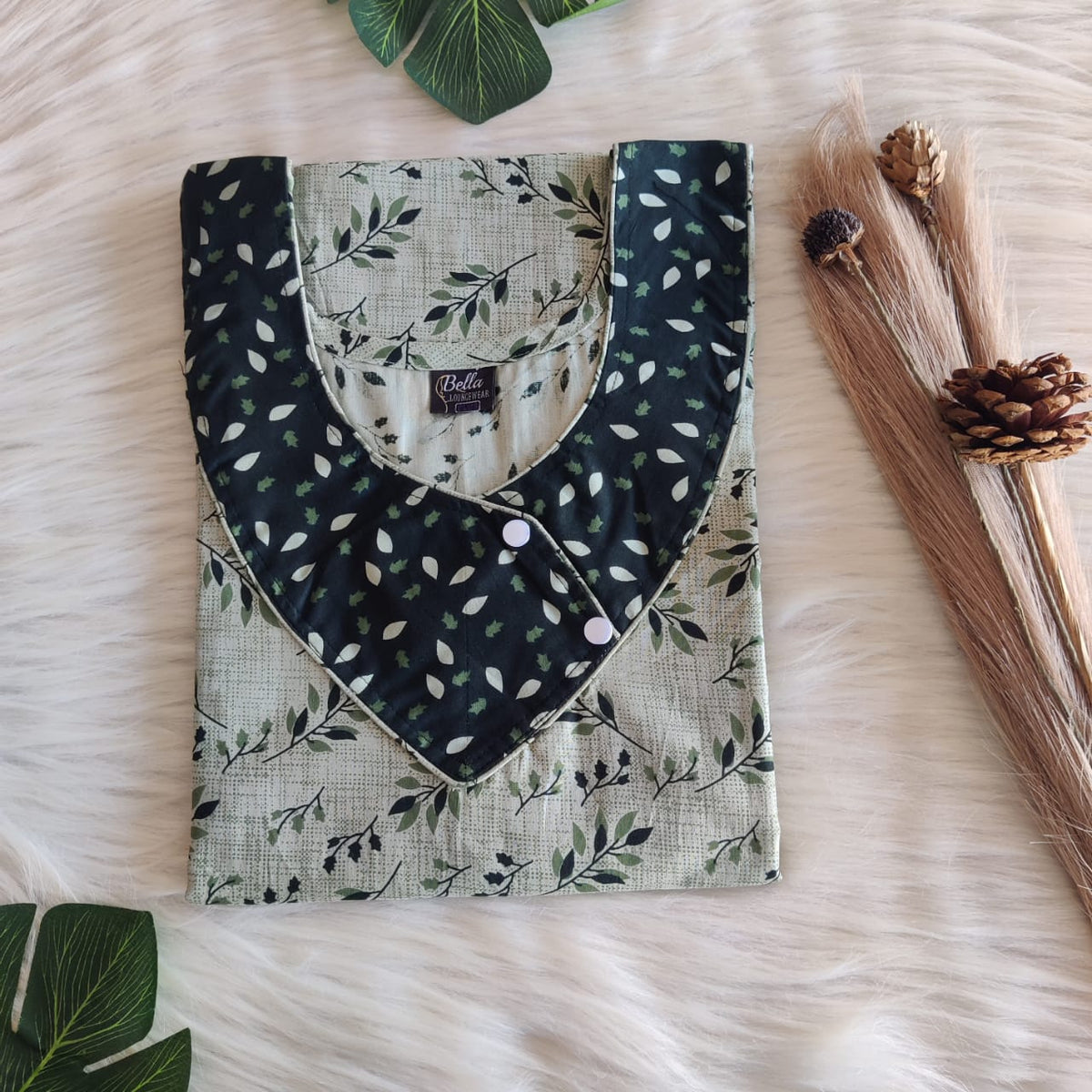 Dark And Pale Green Leaf Printed Premium Cotton Side Button Nighty | Free Size | Chest Width 44″| Length 55″-56″