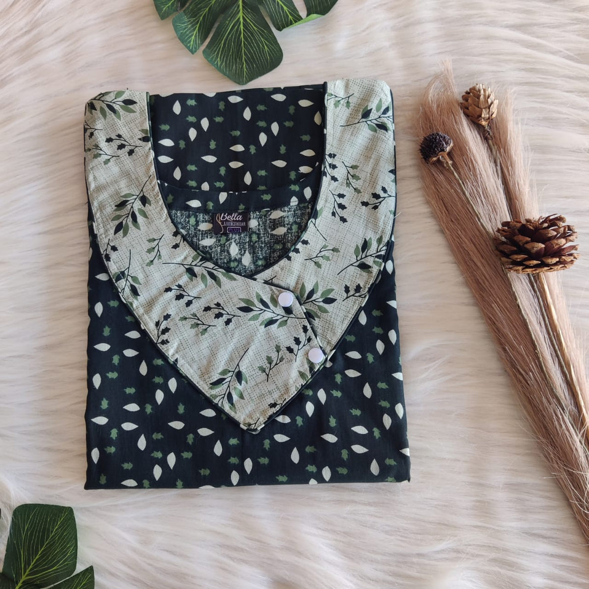 Pale And Dark Green Leaf Printed Premium Cotton Side Button Nighty | Free Size | Chest Width 44″| Length 55″-56″