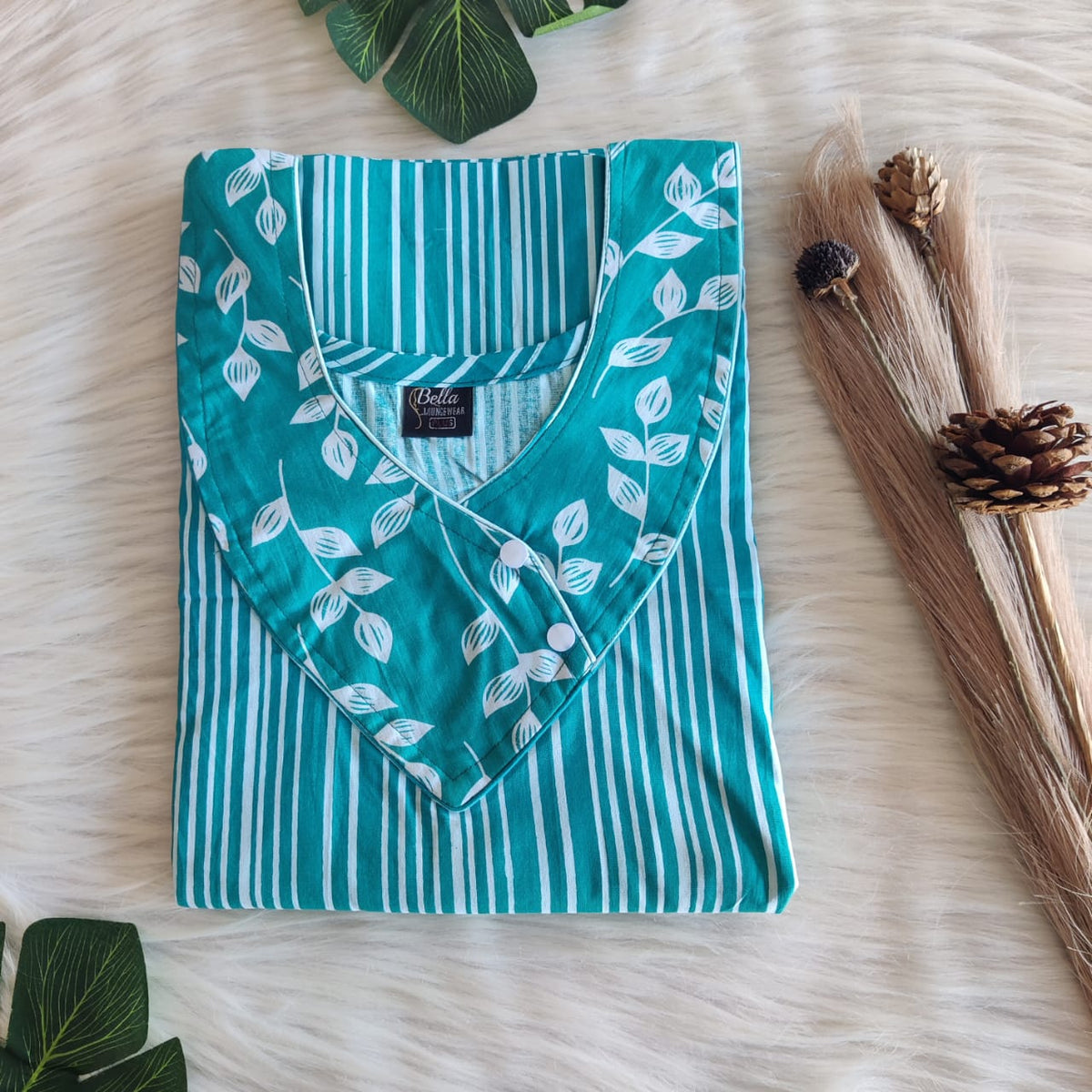 White And Blue Stripes Printed Premium Cotton Side Button Nighty | Free Size | Chest Width 44″| Length 55″-56″