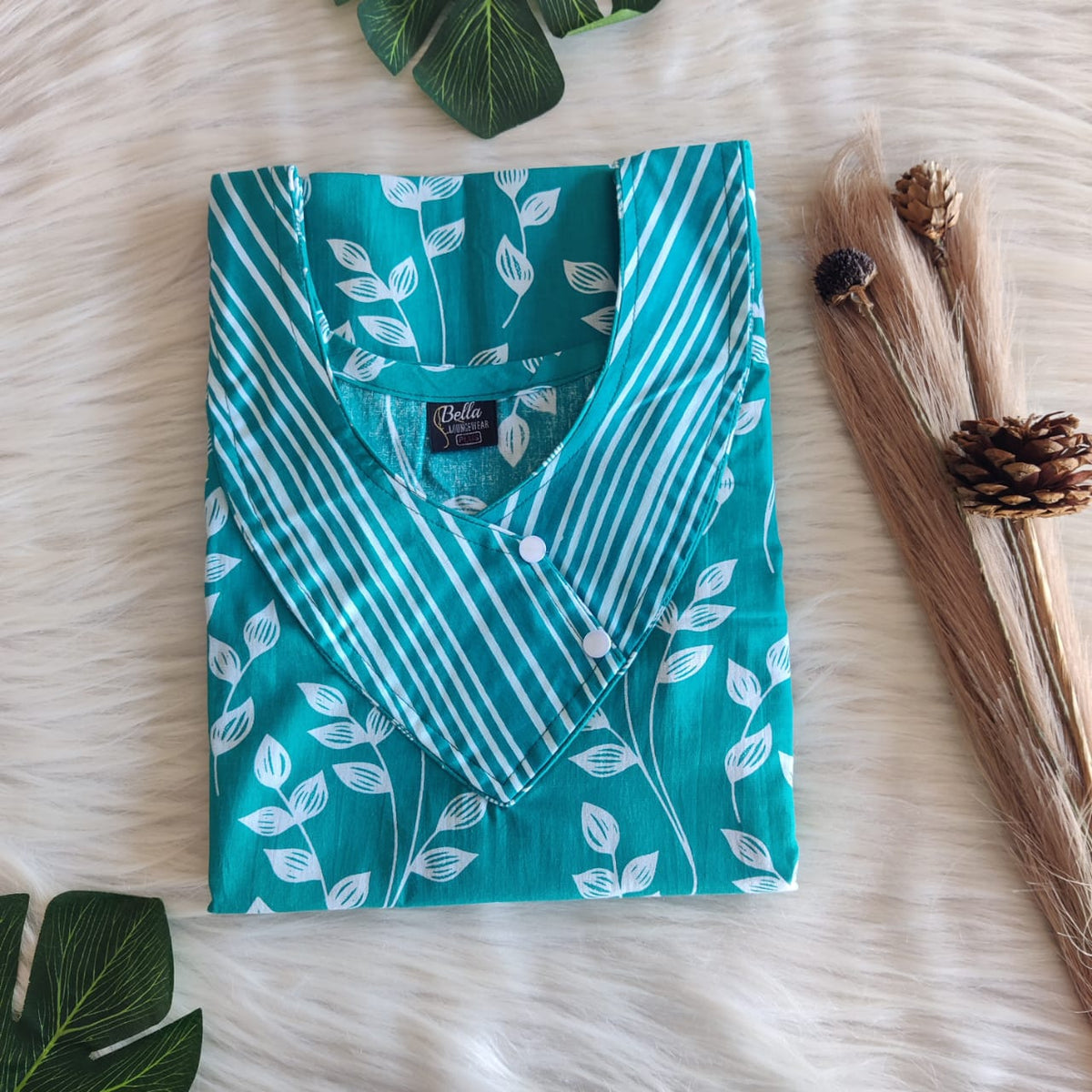 Blue And White Leaf Printed Premium Cotton Side Button Nighty | Free Size | Chest Width 44″| Length 55″-56″