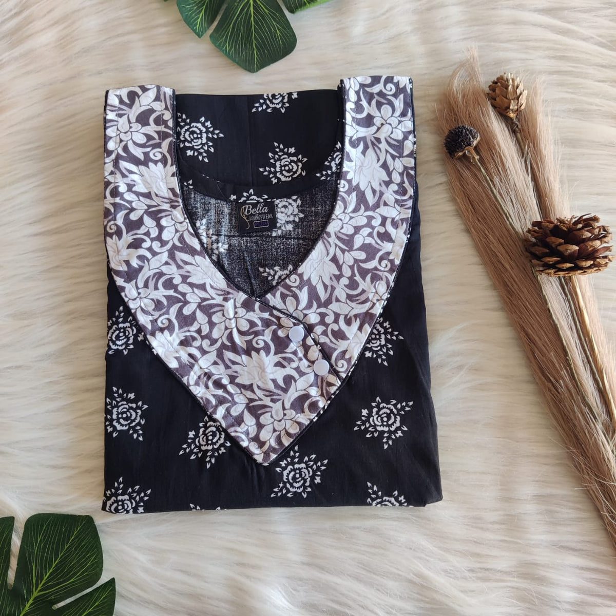 White And Black Printed Premium Cotton Side Button Nighty | Free Size | Chest Width 44″| Length 55″-56″