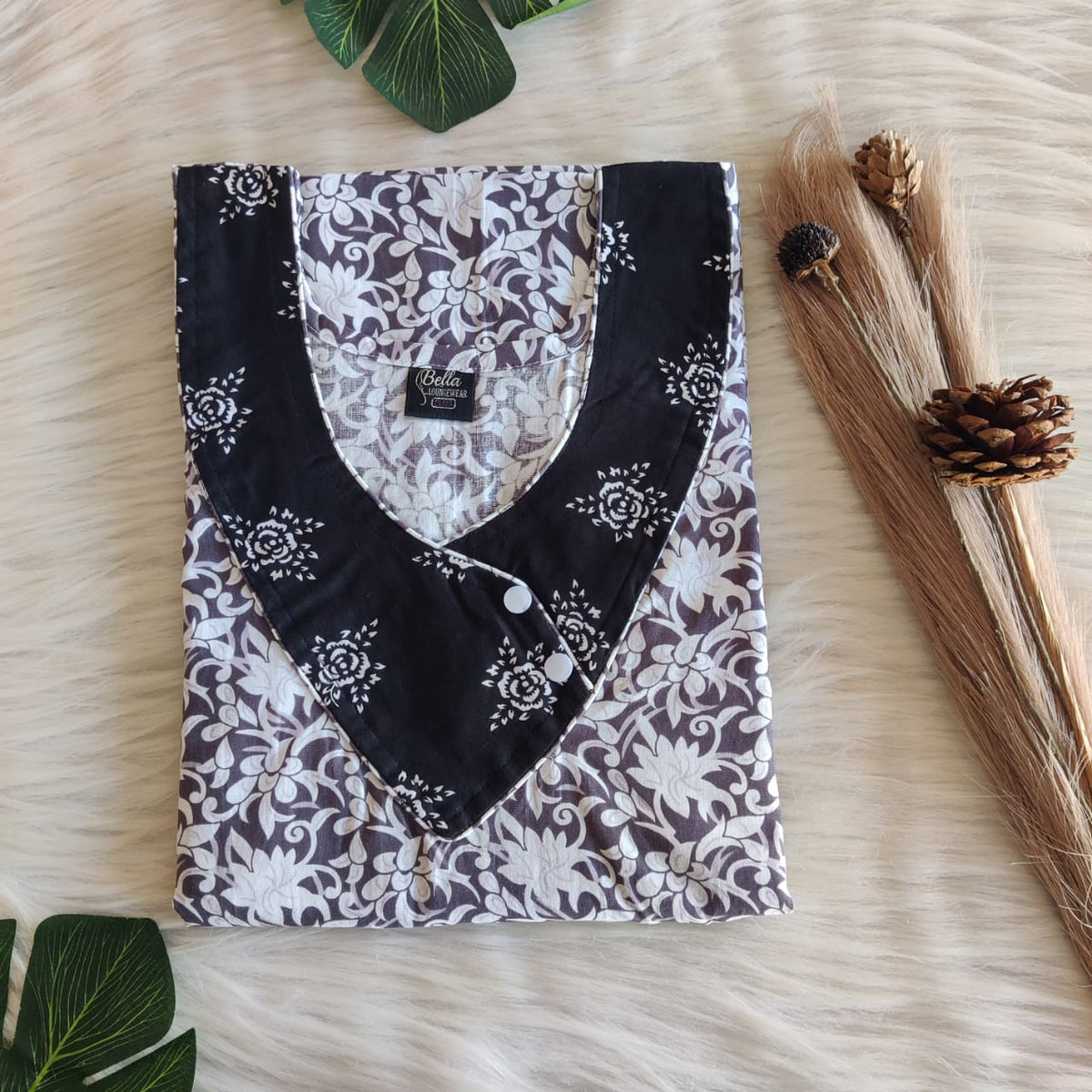 Black And White Floral Printed Premium Cotton Side Button Nighty | Free Size | Chest Width 44″| Length 55″-56″