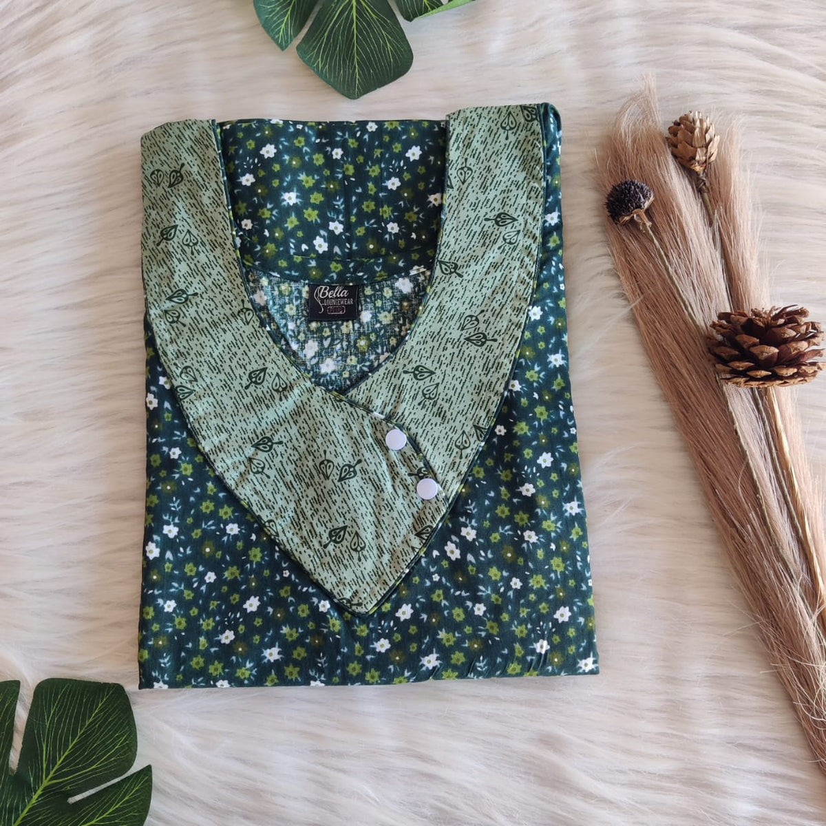 Green And White Floral Printed Premium Cotton Side Button Nighty | Free Size | Chest Width 44″| Length 55″-56″