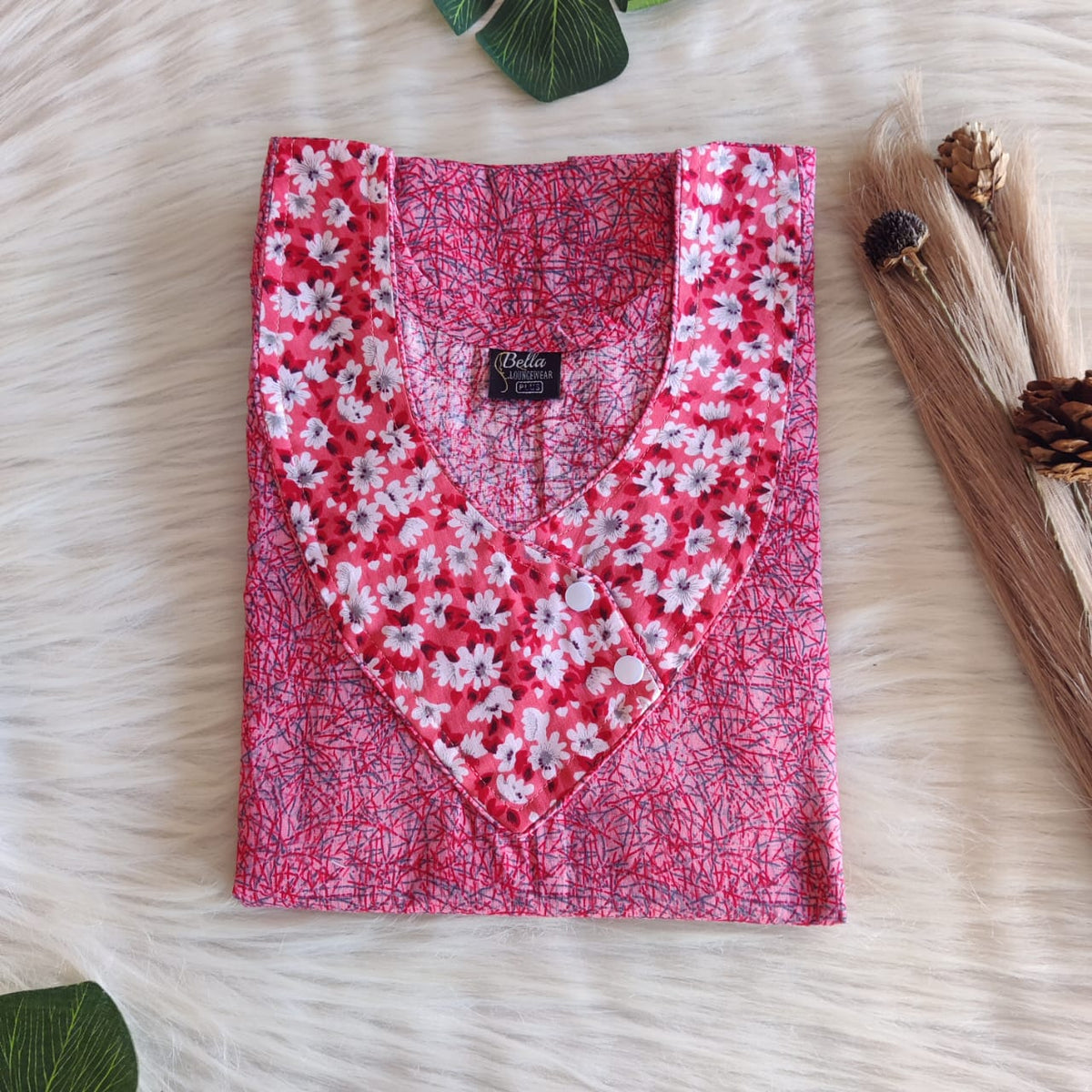 White And Pink Printed Premium Cotton Side Button Nighty | Free Size | Chest Width 44″| Length 55″-56″