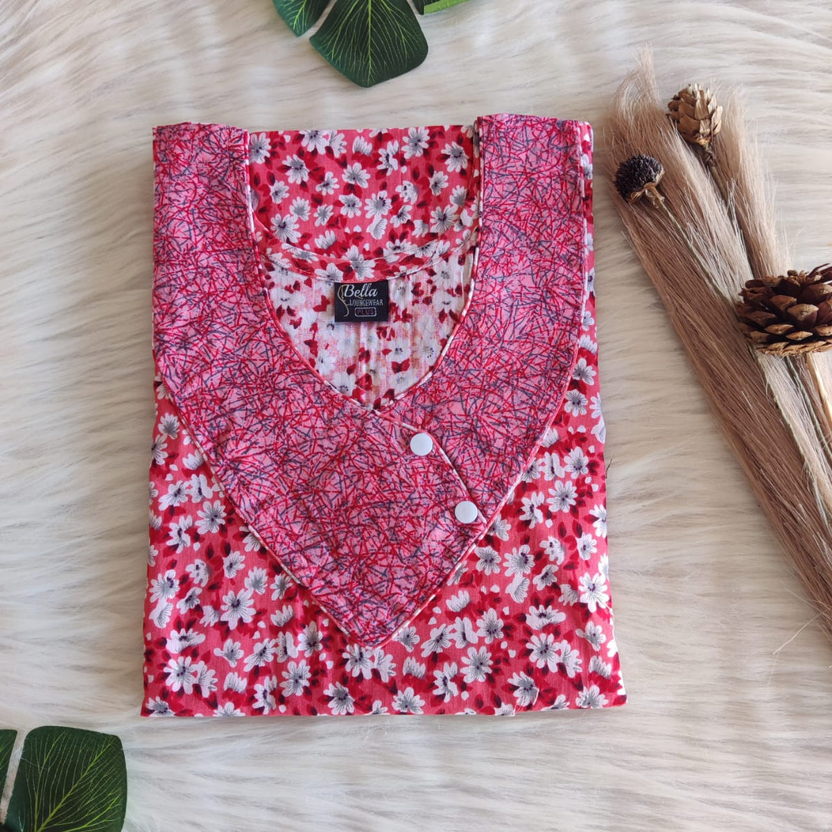 Pink And White Floral Printed Premium Cotton Side Button Nighty | Free Size | Chest Width 44″| Length 55″-56″