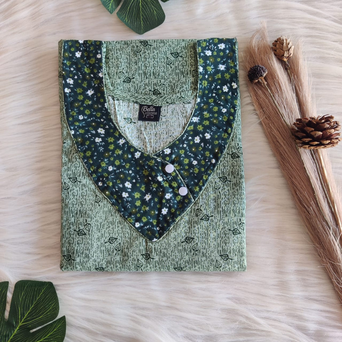 White And Pastel Green Printed Premium Cotton Side Button Nighty | Free Size | Chest Width 44″| Length 55″-56″