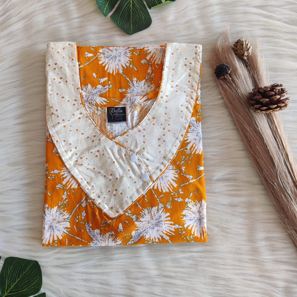 Yellow And Orange Floral Printed Premium Cotton Side Button Nighty | Free Size | Chest Width 44″| Length 55″-56″