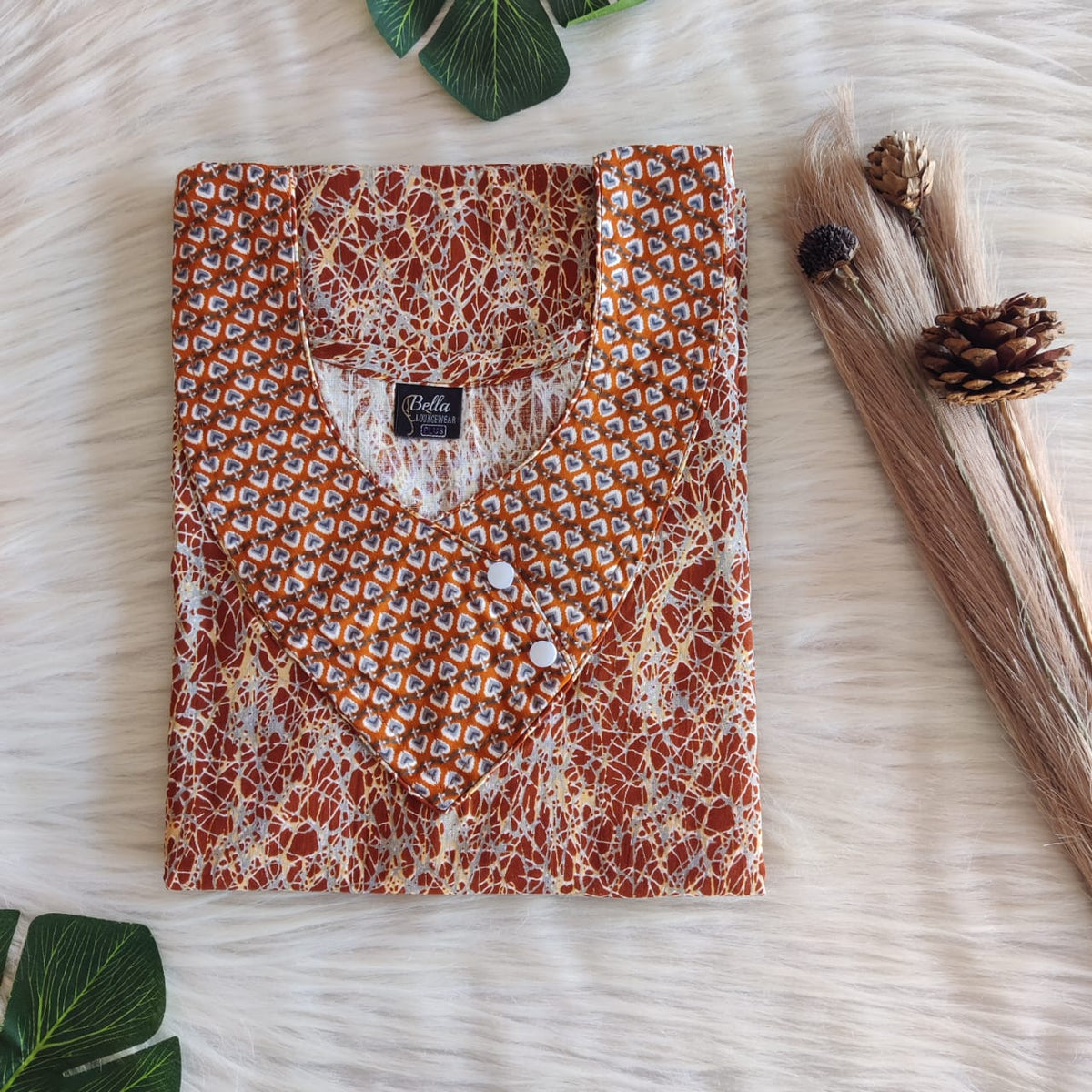 Grey And Brown Printed Premium Cotton Side Button Nighty | Free Size | Chest Width 44″| Length 55″-56″