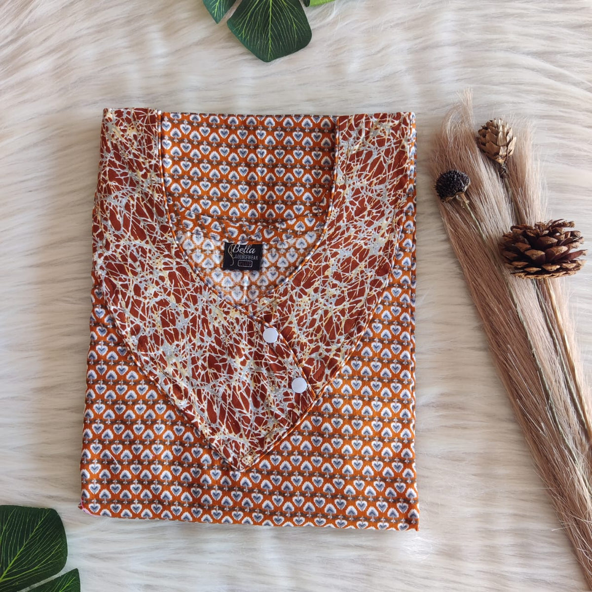 Brown And Grey Printed Premium Cotton Side Button Nighty | Free Size | Chest Width 44″| Length 55″-56″