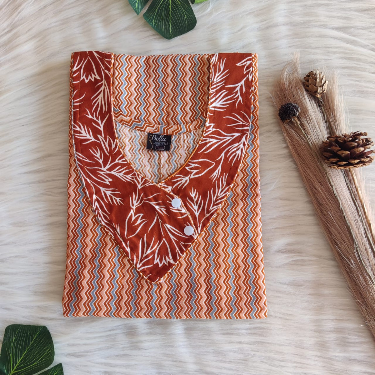 Dark And Pale Brown Zig Zag Printed Premium Cotton Side Button Nighty | Free Size | Chest Width 44″| Length 55″-56″