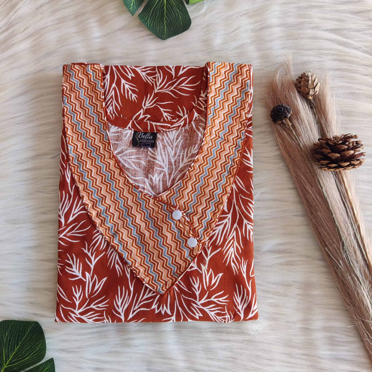 Pale And Dark Brown Printed Premium Cotton Side Button Nighty | Free Size | Chest Width 44″| Length 55″-56″