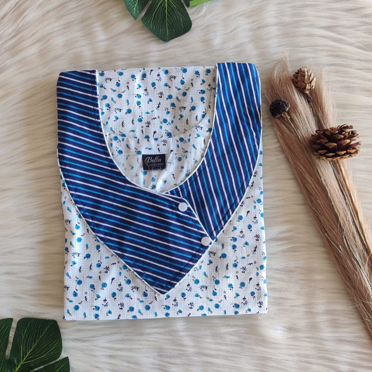 Blue And White Floral Printed Premium Cotton Side Button Nighty | Free Size | Chest Width 44″| Length 55″-56″