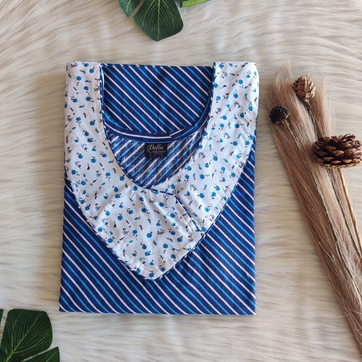 White And Blue Stripes Printed Premium Cotton Side Button Nighty | Free Size | Chest Width 44″| Length 55″-56″