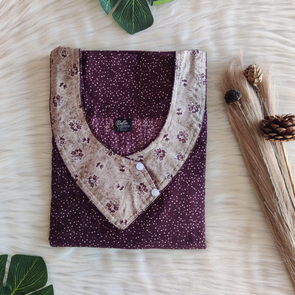 Beige And Coffee Brown Printed Premium Cotton Side Button Nighty | Free Size | Chest Width 44″| Length 55″-56″