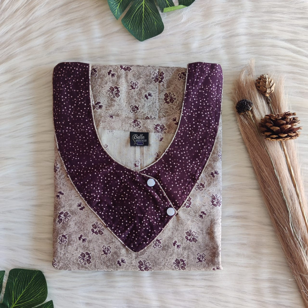 Coffee Brown And Beige Printed Premium Cotton Side Button Nighty | Free Size | Chest Width 44″| Length 55″-56″