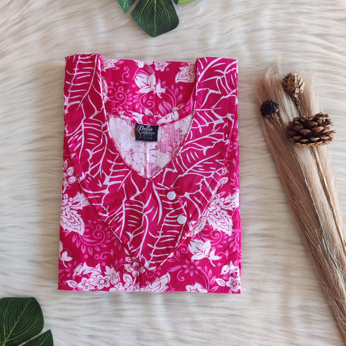 Pink And White Floral Printed Premium Cotton Side Button Nighty | Free Size | Chest Width 44″| Length 55″-56″