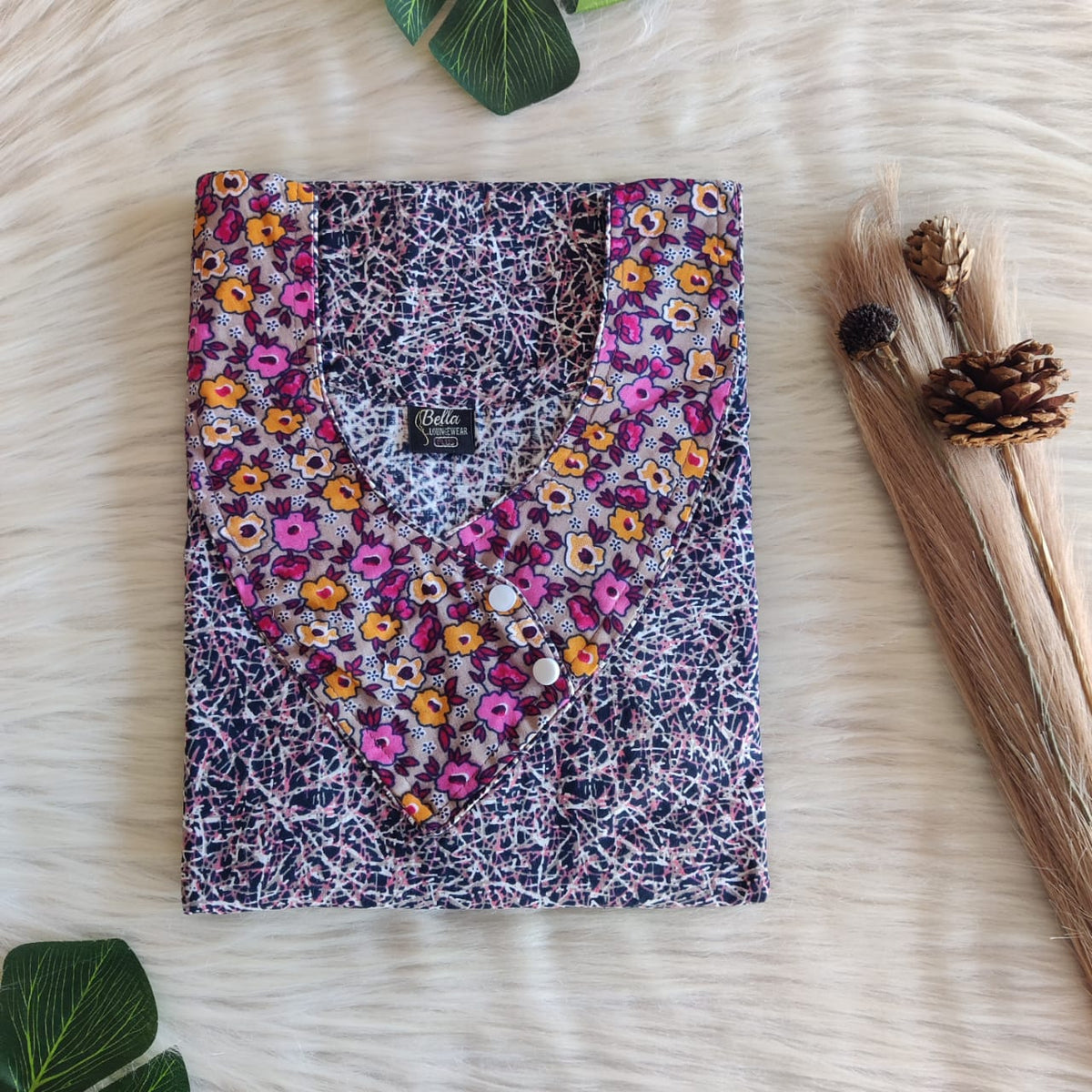 Pink And Grey Printed Premium Cotton Side Button Nighty | Free Size | Chest Width 44″| Length 55″-56″