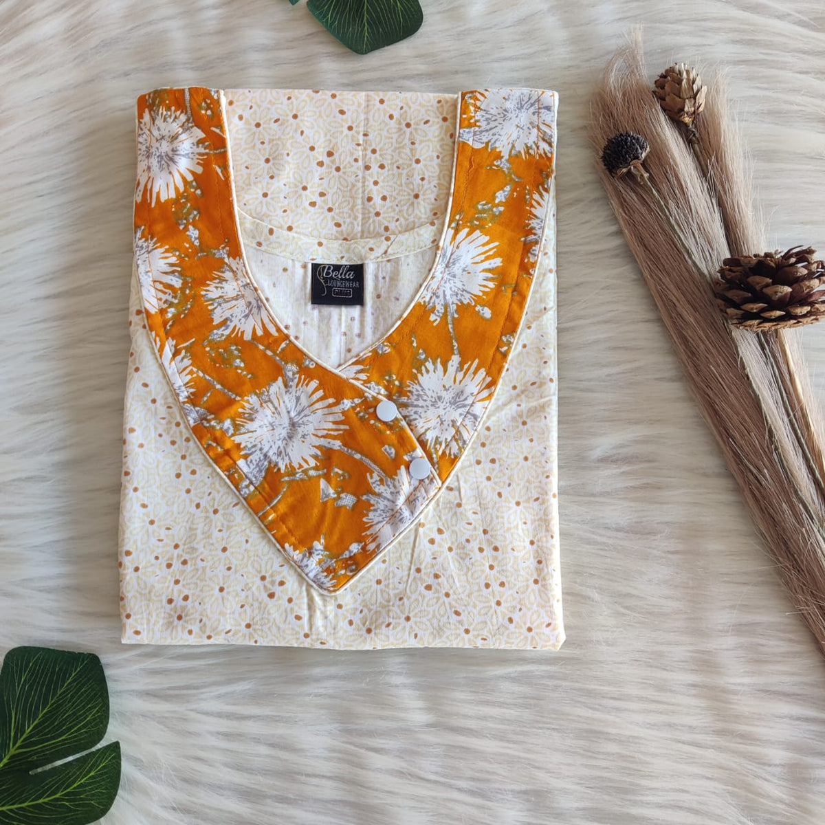 Orange And Yellow Printed Premium Cotton Side Button Nighty | Free Size | Chest Width 44″| Length 55″-56″