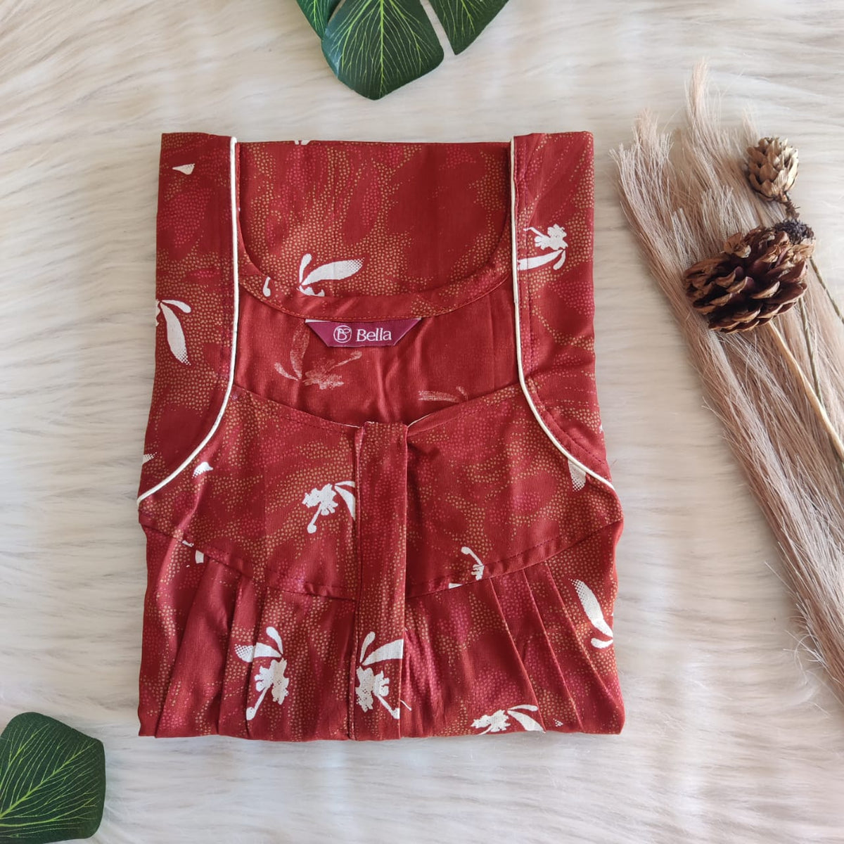 Rust Orange Premium Cotton Pleated Zip Nighty | Free Size | Chest Width 44″| Length 54″-55″