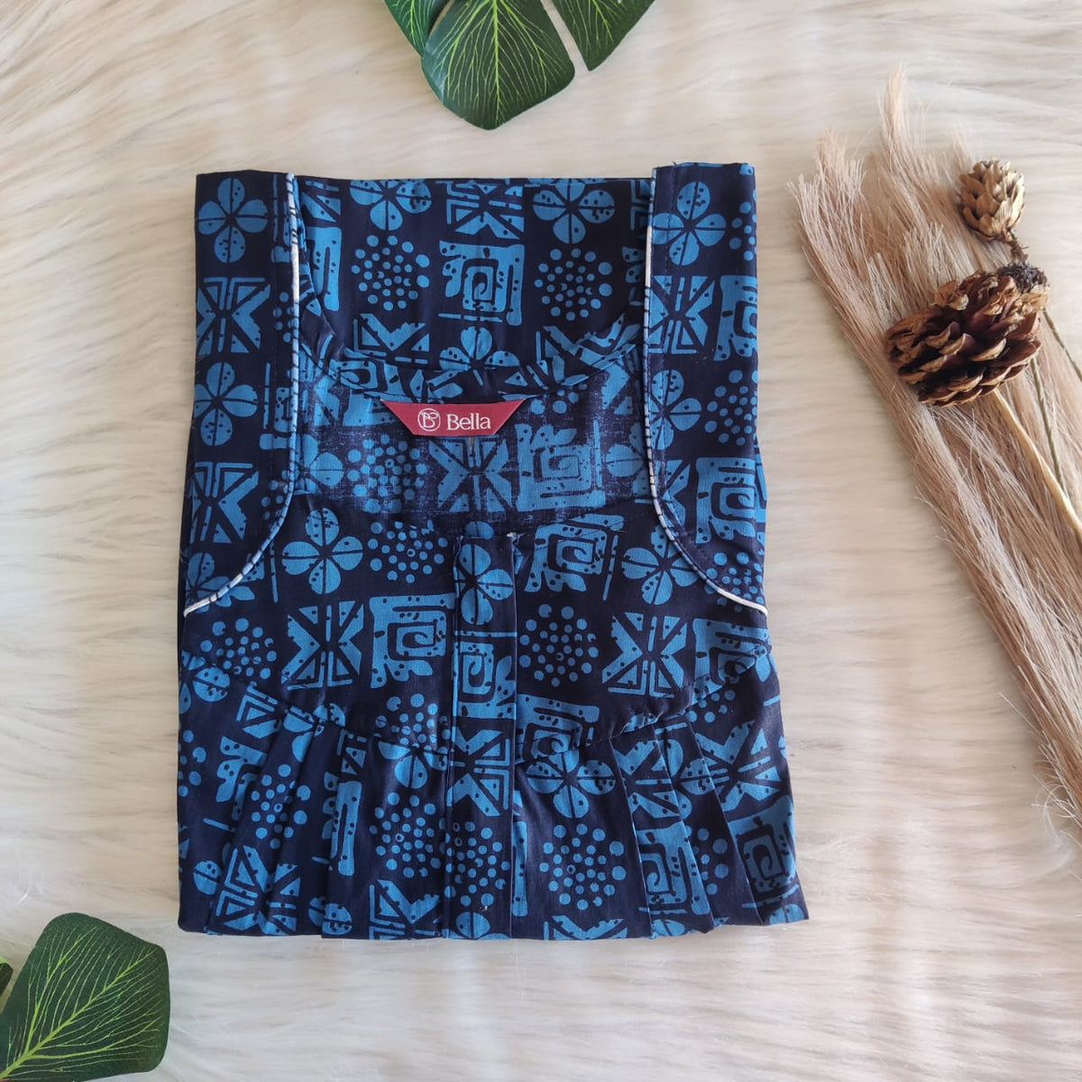 Blue Floral Premium Cotton Pleated Zip Nighty | Free Size | Chest Width 44″| Length 54″-55″