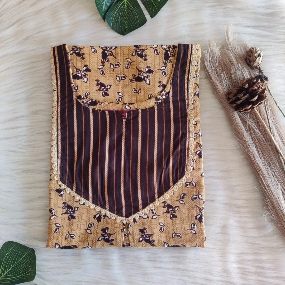 Coffee Brown And Yellow Floral Printed Premium Cotton Mix N Match Lace Pocket Nighty | Free Size | Chest Width 44″| Length 56″