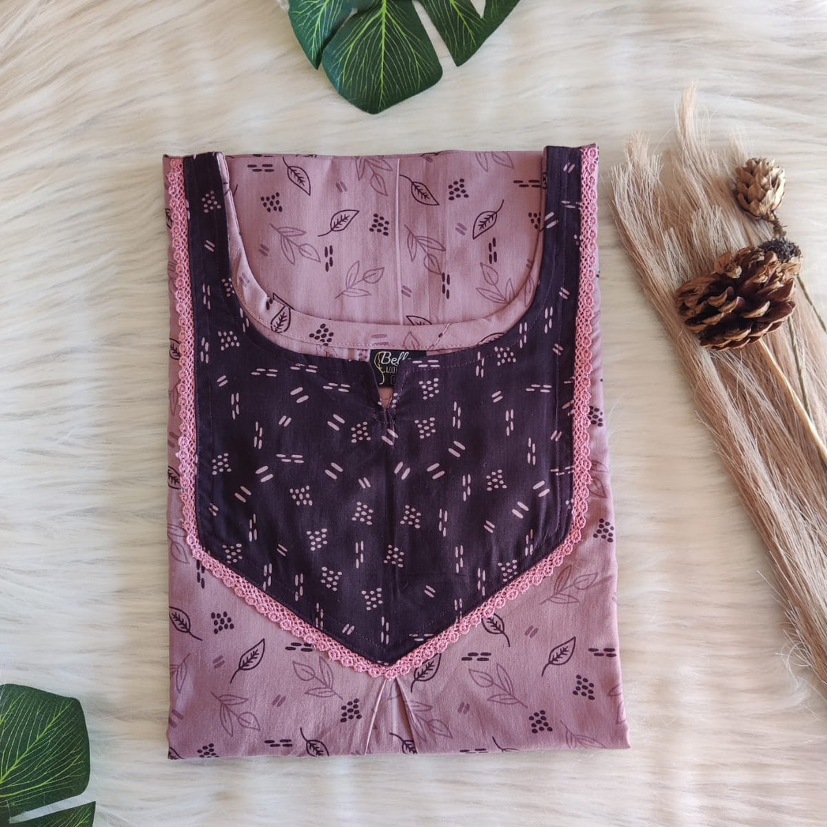 Dark And Pale Brown Printed Premium Cotton Mix N Match Lace Pocket Nighty | Free Size | Chest Width 44″| Length 56″