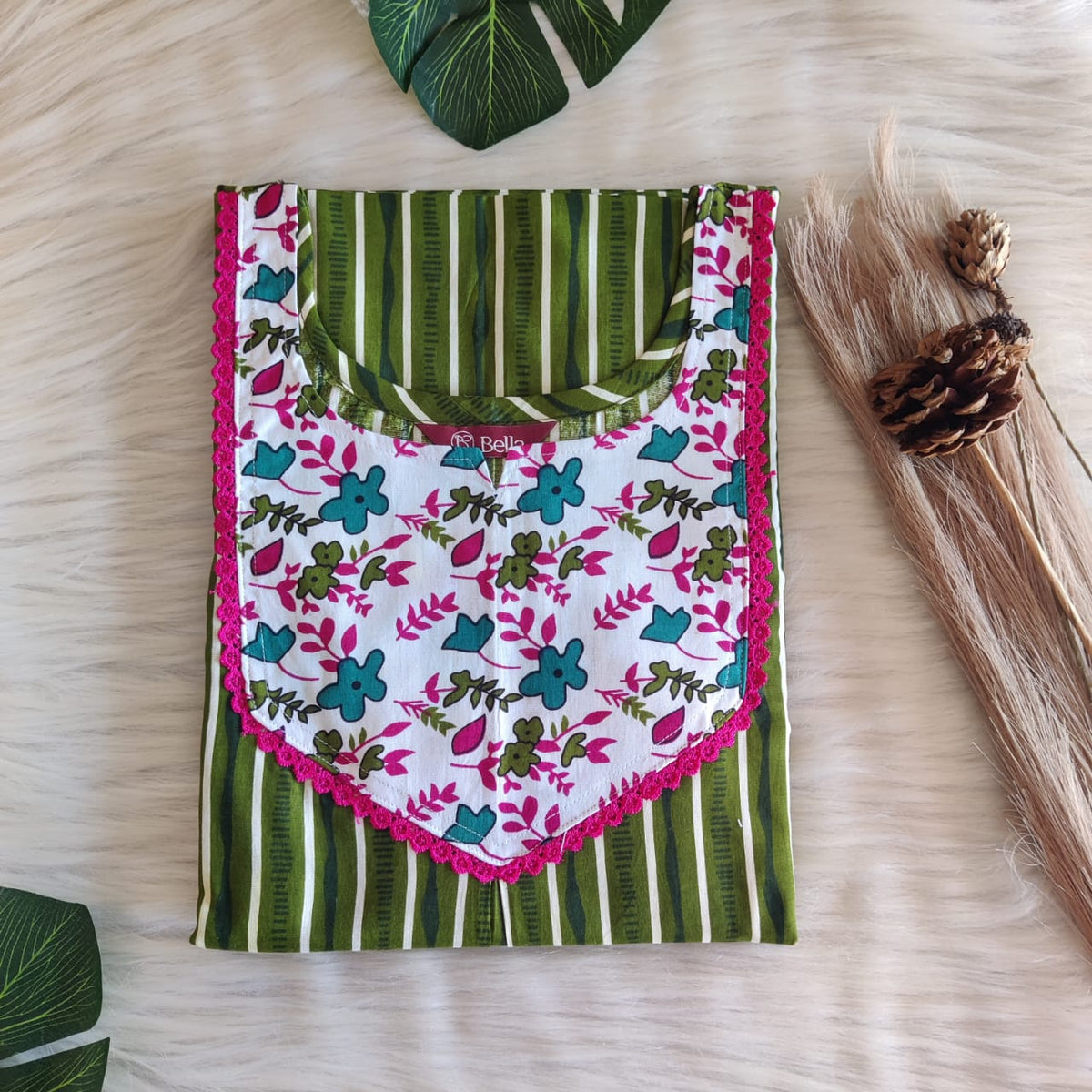 White And Green Stripes Printed Premium Cotton Mix N Match Lace Pocket Nighty | Free Size | Chest Width 44″| Length 56″