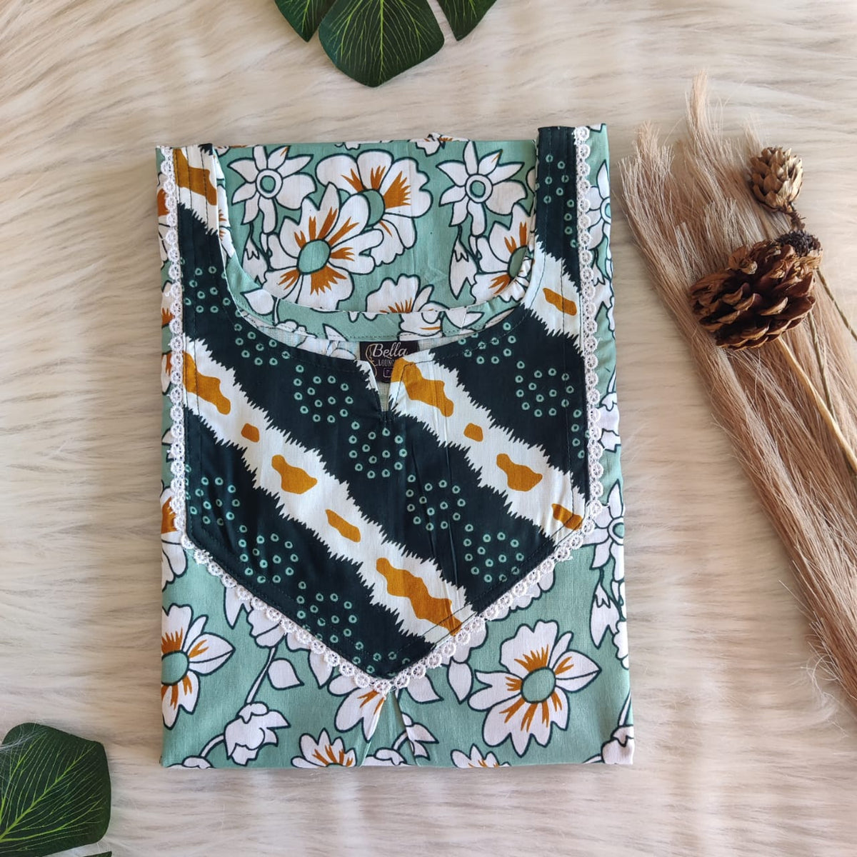 Dark And Pale Green Floral Printed Premium Cotton Mix N Match Lace Pocket Nighty | Free Size | Chest Width 44″| Length 56″