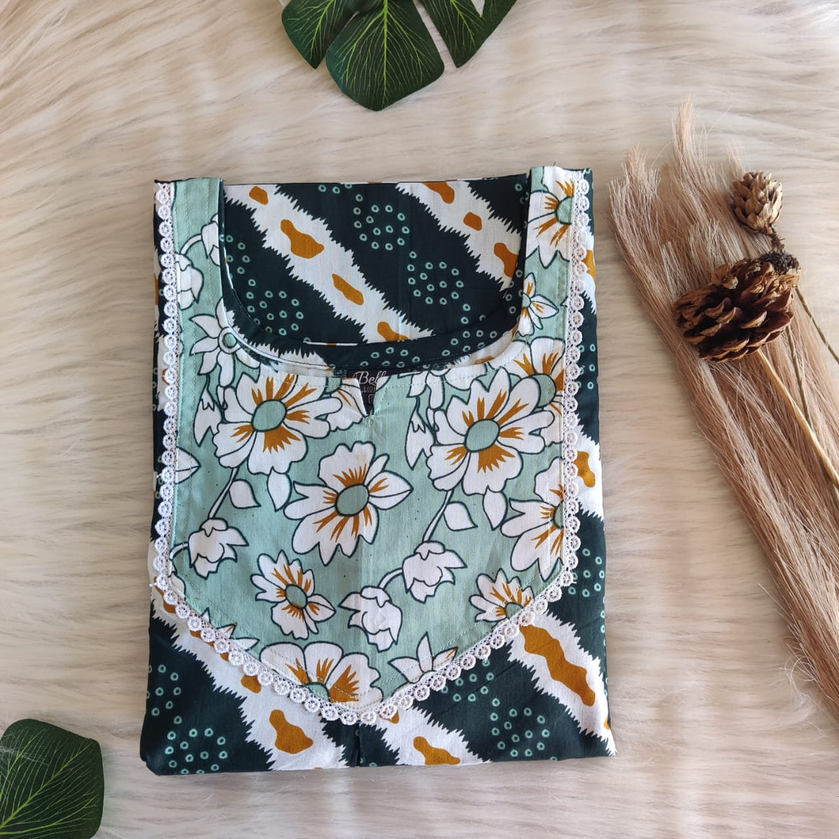 Pale And Dark Green Printed Premium Cotton Mix N Match Lace Pocket Nighty | Free Size | Chest Width 44″| Length 56″