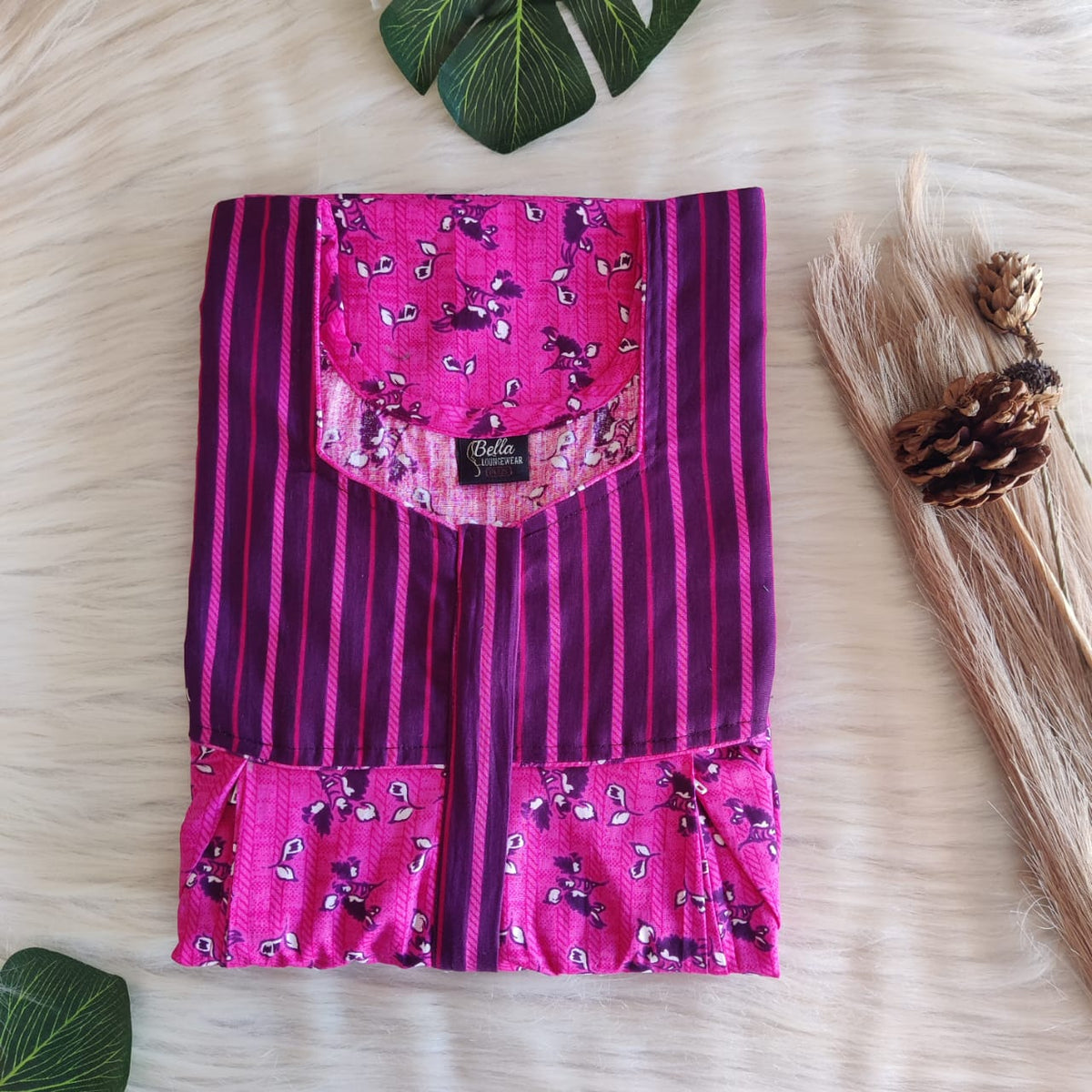 Violet And Pink Printed Premium Cotton Pleated Vertical Zip Feeding Nighty | Free Size | Chest Width 44″| Length 54″-56″