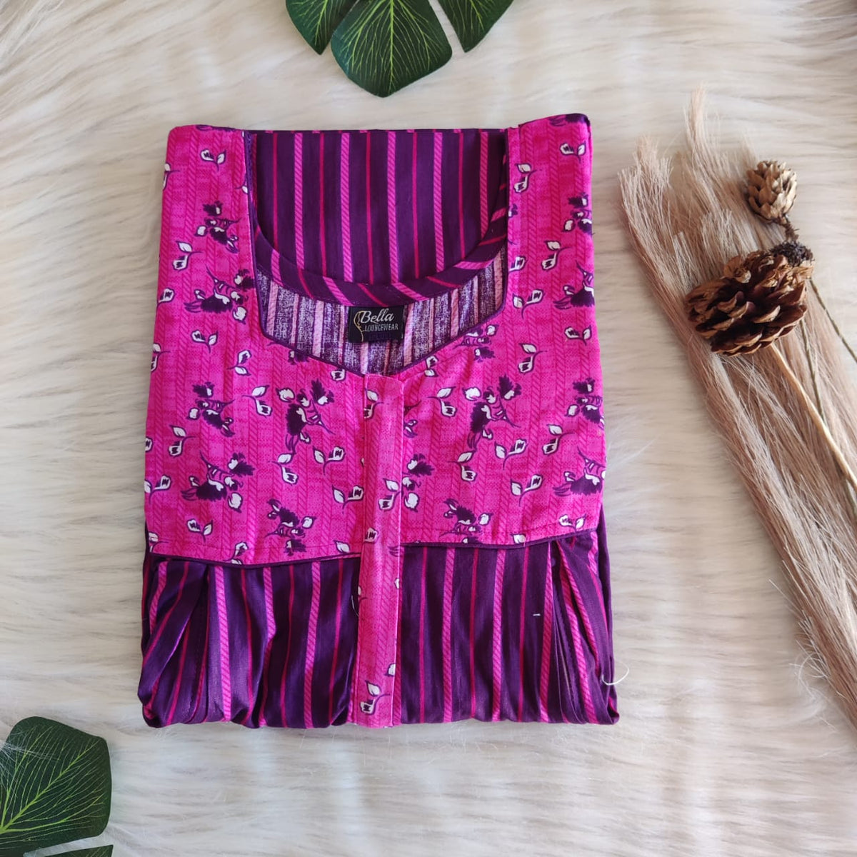 Pink And Violet Stripes Printed Premium Cotton Pleated Vertical Zip Feeding Nighty | Free Size | Chest Width 44″| Length 54″-56″