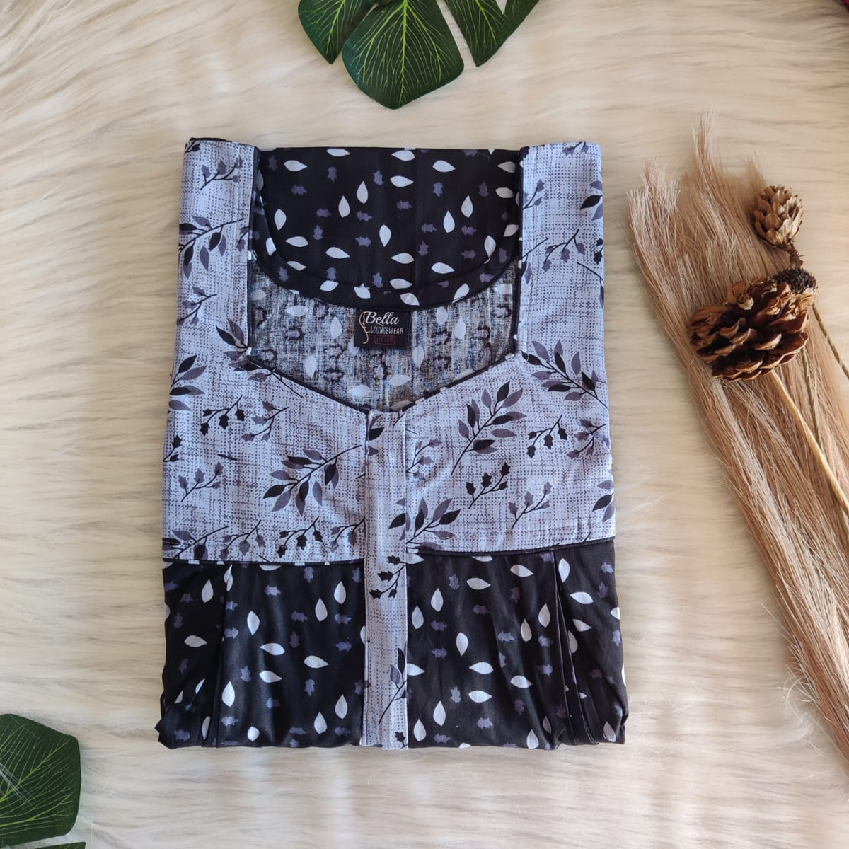 Pastel Blue And Black Printed Premium Cotton Pleated Vertical Zip Feeding Nighty | Free Size | Chest Width 44″| Length 54″-56″