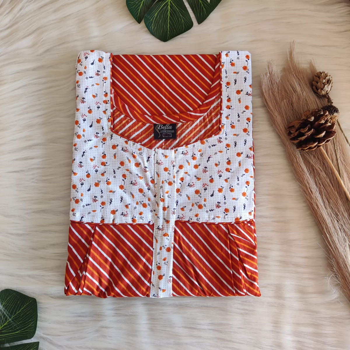 White And Orange Stripes Printed Premium Cotton Pleated Vertical Zip Feeding Nighty | Free Size | Chest Width 44″| Length 54″-56″