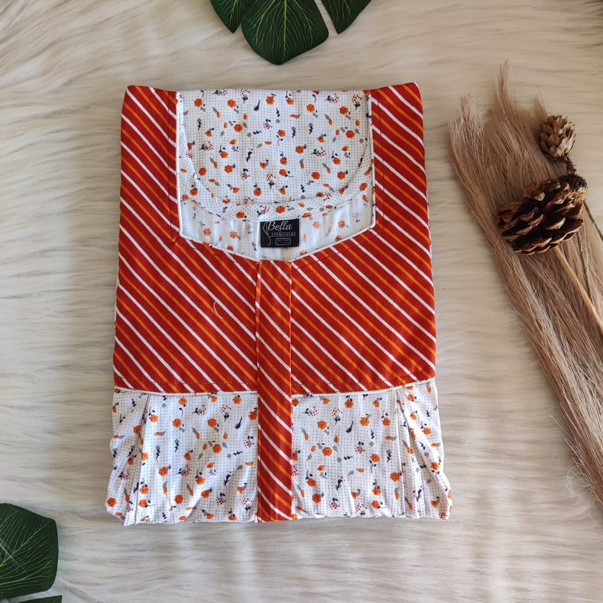 Orange And White Floral Printed Premium Cotton Pleated Vertical Zip Feeding Nighty | Free Size | Chest Width 44″| Length 54″-56″