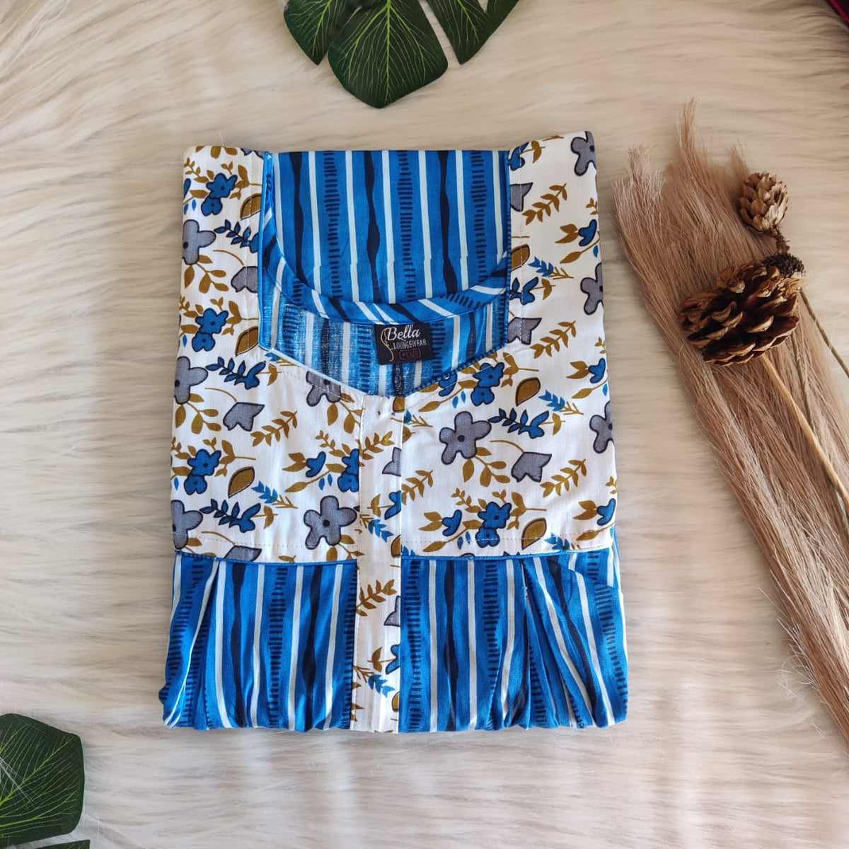 White And Blue Stripes Printed Premium Cotton Pleated Vertical Zip Feeding Nighty | Free Size | Chest Width 44″| Length 54″-56″