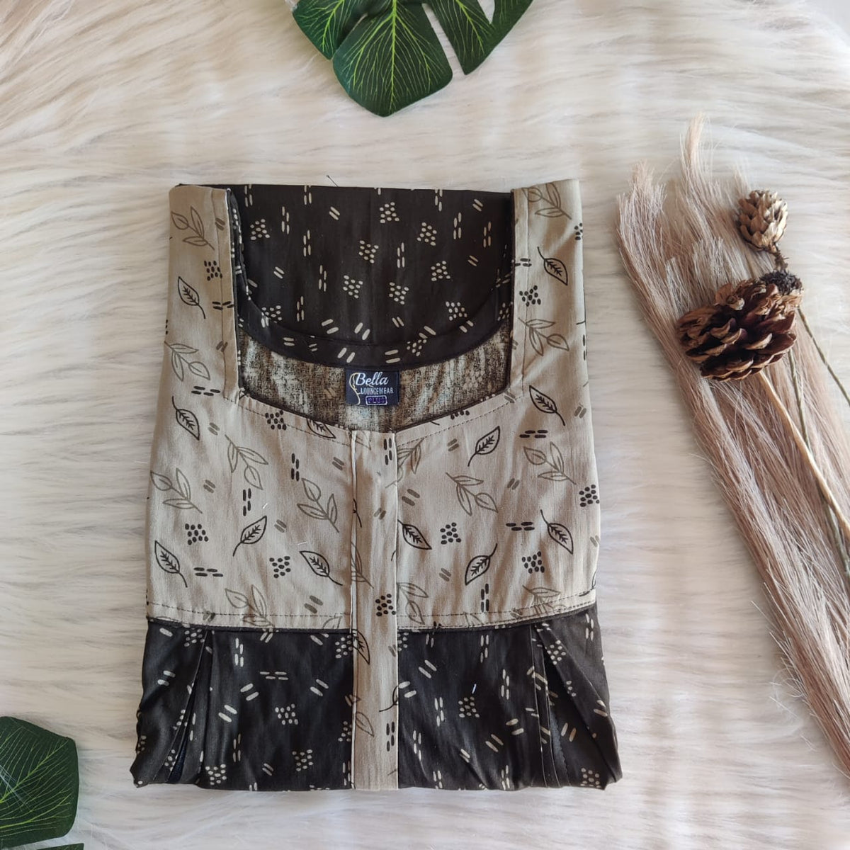 Pale And Dark Olive Green Printed Premium Cotton Pleated Vertical Zip Feeding Nighty | Free Size | Chest Width 44″| Length 54″-56″