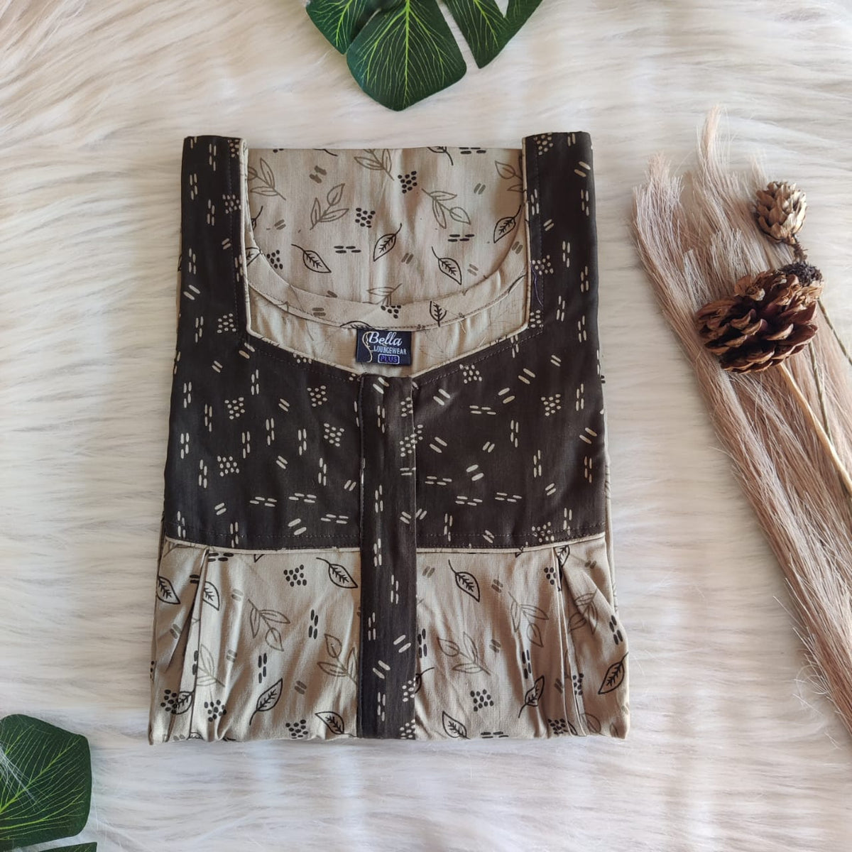 Dark And Pale Olive Green Printed Premium Cotton Pleated Vertical Zip Feeding Nighty | Free Size | Chest Width 44″| Length 54″-56″