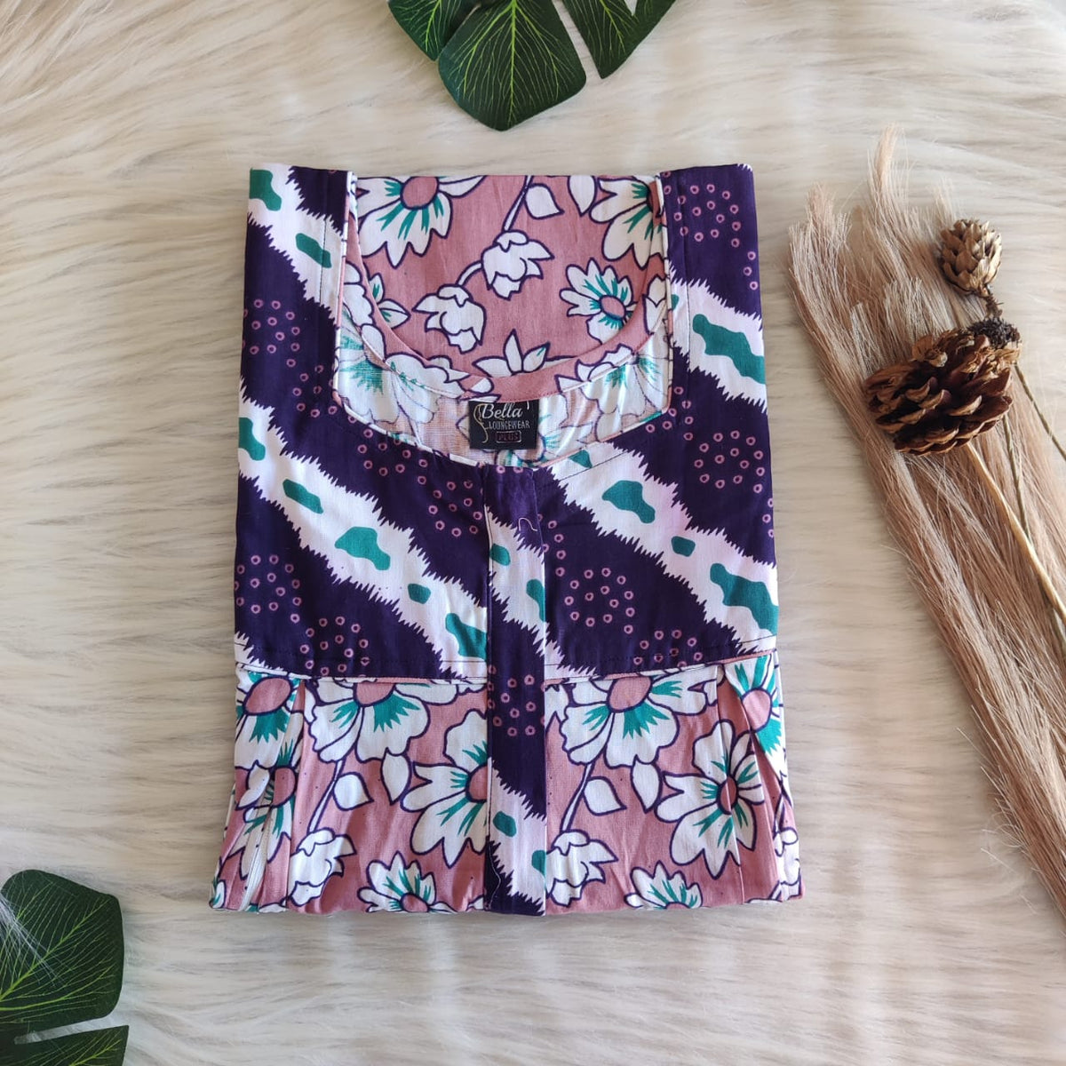 Purple And Pale Pink Floral Printed Premium Cotton Pleated Vertical Zip Feeding Nighty | Free Size | Chest Width 44″| Length 54″-56″