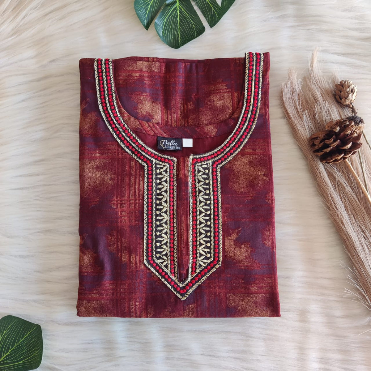 Rust Orange Printed Premium Cotton 3/4 Sleeve Churidar Cut Nighty With Matching Neck Embroidery | Chest Width 44″ | Length 56″