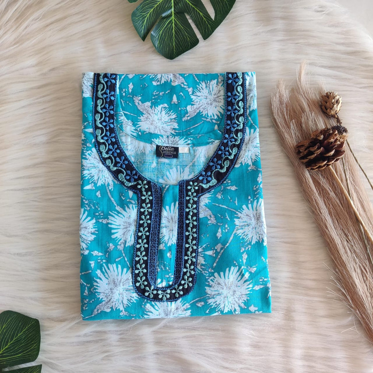 Aqua Blue And White Floral Printed Premium Cotton 3/4 Sleeve Churidar Cut Nighty With Matching Neck Embroidery | Chest Width 44″ | Length 56″