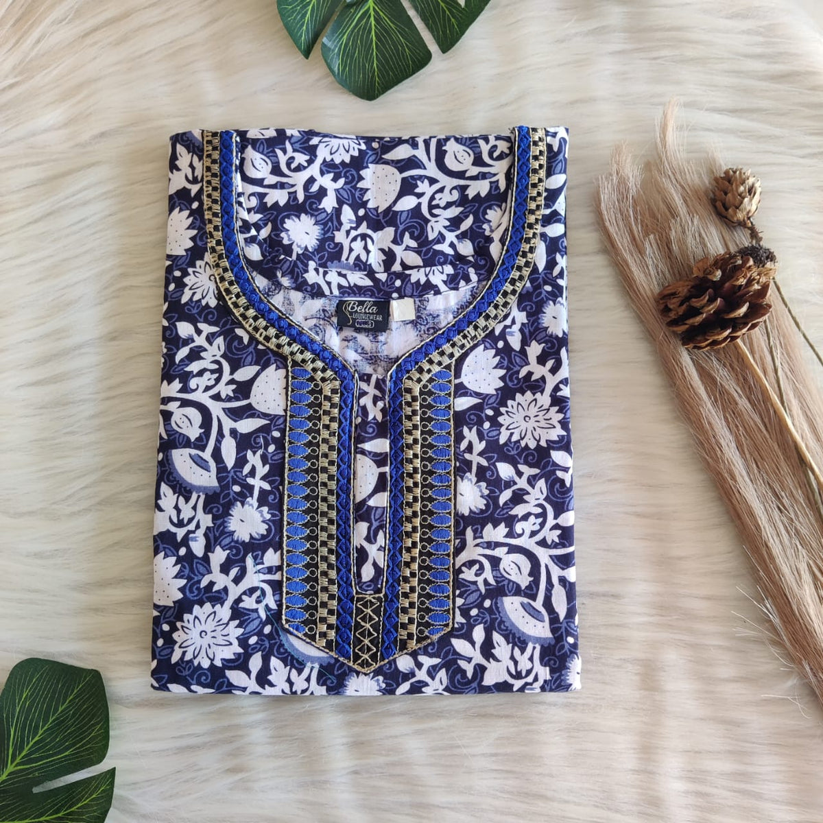 Navy Blue And White Floral Printed Premium Cotton 3/4 Sleeve Churidar Cut Nighty With Matching Neck Embroidery | Chest Width 44″ | Length 56″