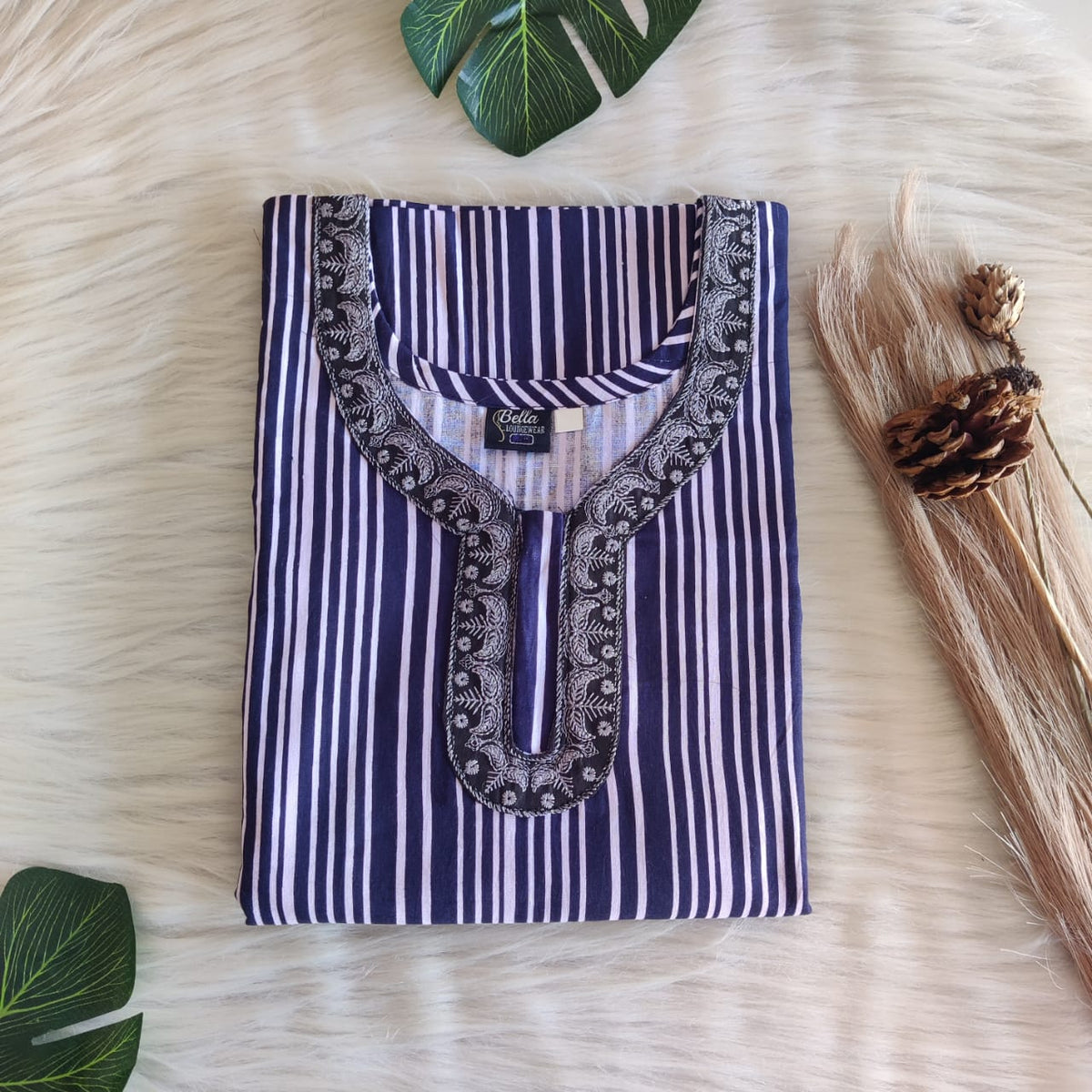 Navy Blue Stripe Printed Premium Cotton 3/4 Sleeve Churidar Cut Nighty With Matching Neck Embroidery | Chest Width 44″ | Length 56″