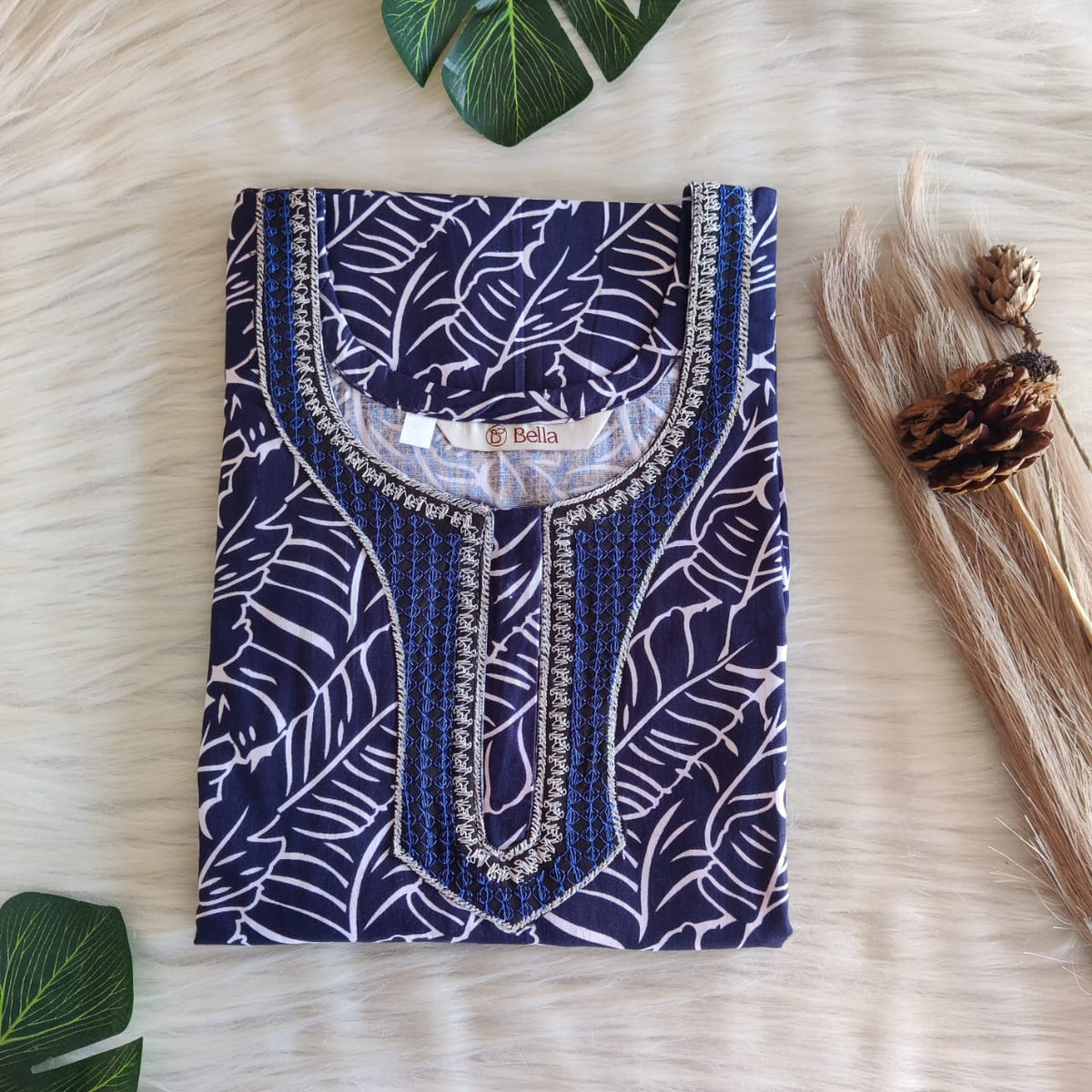 Navy Blue Printed Premium Cotton 3/4 Sleeve Churidar Cut Nighty With Matching Neck Embroidery | Chest Width 44″ | Length 56″