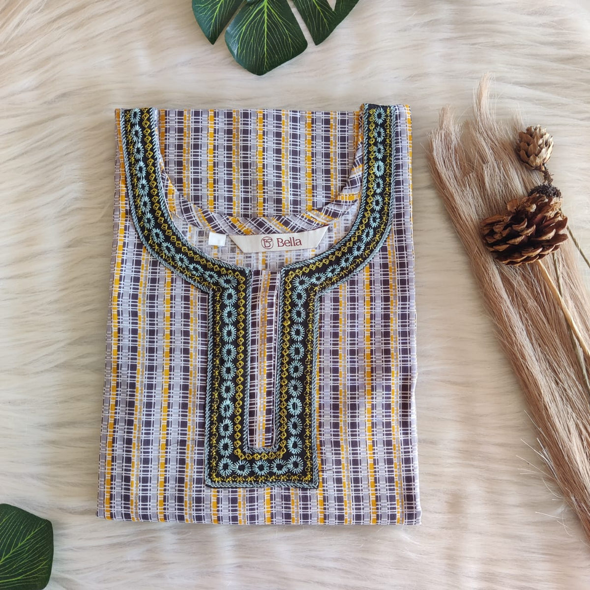 Yellow Check Printed Premium Cotton 3/4 Sleeve Churidar Cut Nighty With Matching Neck Embroidery | Chest Width 44″ | Length 56″