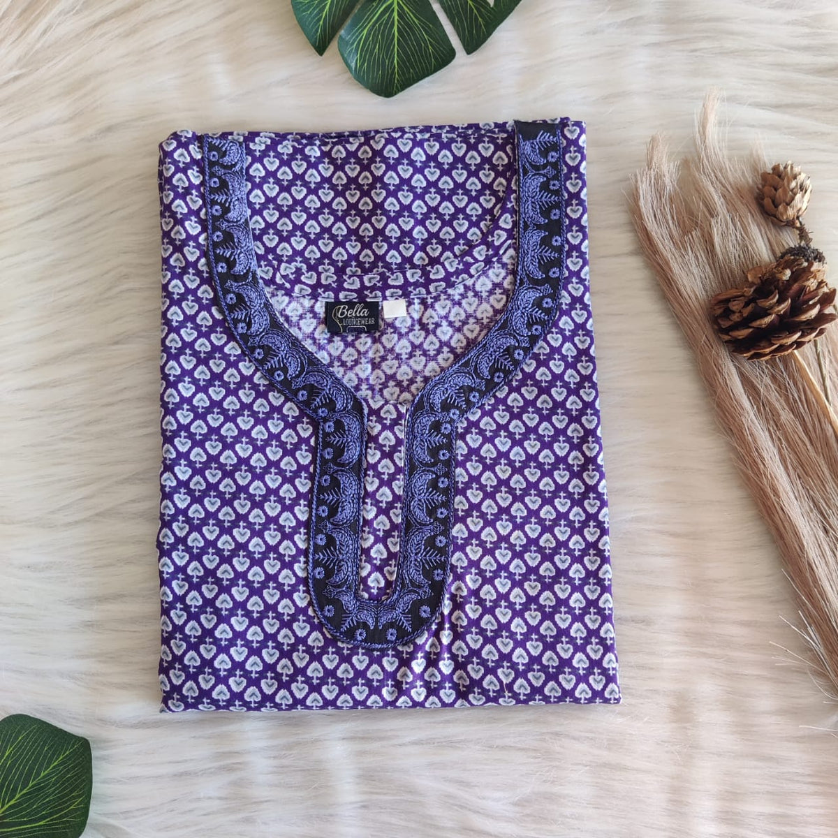 Violet Floral Printed Premium Cotton 3/4 Sleeve Churidar Cut Nighty With Matching Neck Embroidery | Chest Width 44″ | Length 56″