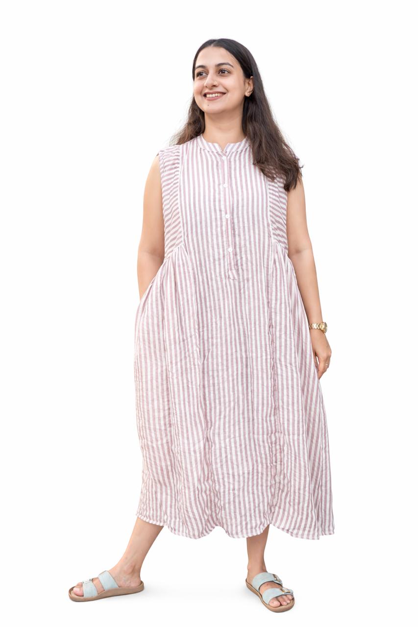 Mauve Pink Stripe Printed Mul Chanderi Collar Neck Sleeveless Dress with Centre Openable Buttons | Free Size | 46" length