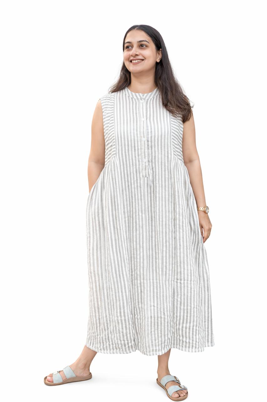Grey Stripe Printed Mul Chanderi Collar Neck Sleeveless Dress with Centre Openable Buttons | Free Size | 46" length