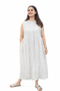 Grey Stripe Printed Mul Chanderi Collar Neck Sleeveless Dress with Centre Openable Buttons | Free Size | 46" length