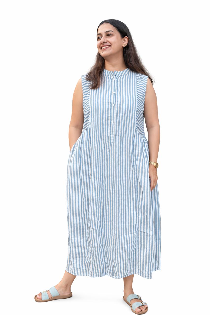 Blue Stripe Printed Mul Chanderi Collar Neck Sleeveless Dress with Centre Openable Buttons | Free Size | 46" length