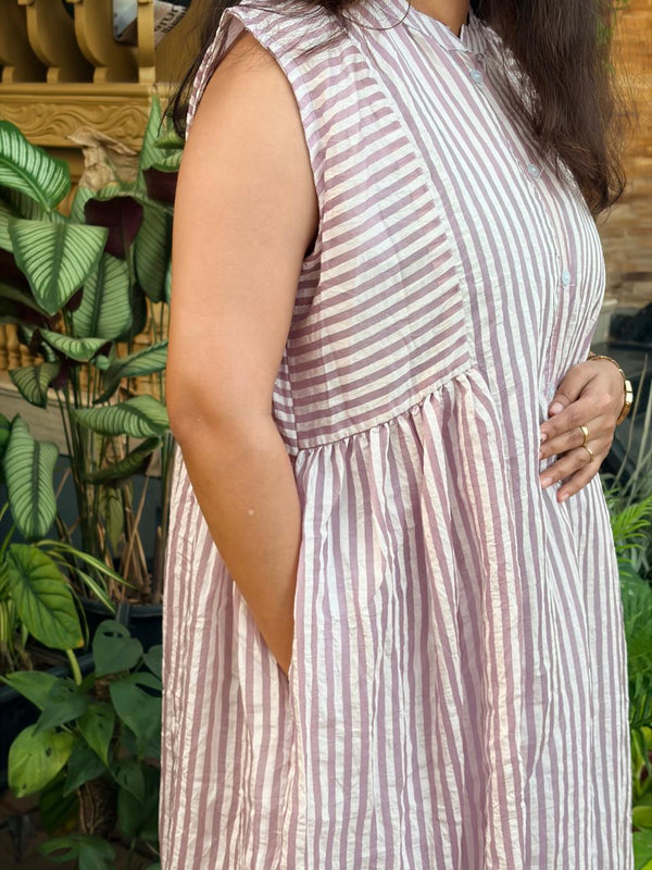 Mauve Pink Stripe Printed Mul Chanderi Collar Neck Sleeveless Dress with Centre Openable Buttons | Free Size | 46" length